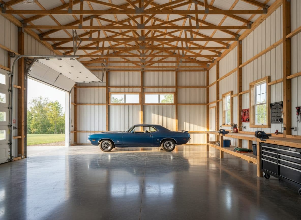 Interior of a finished post-frame residential workshop with clear-span ceiling